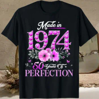 Born in 1974 Floral 50 50 Years Tee Old Birthday 50th Gift Women T-Shirt 1974 50th Birthday Queen Diamond 100% Cotton TShirt