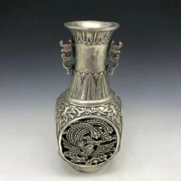 Collect Chinese Tibet silver vase carving phoenixxuande mark.