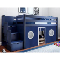 Contemporary Low Loft Bed with Stairway, Twin, Blue with Blue &amp; White Tent