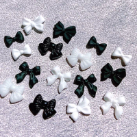 50PCS Classic Black White Ribbon Bow Nail Art Charms Resin Bowknot Part For Manicure Decor Nails Decoration Supplies Materials