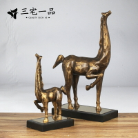 樣板房軟裝純手工雕塑品抬腿馬桌面擺件大理石底座動物客廳裝飾品