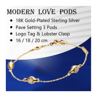 Wrist Strand Bracelets For Women Jewelry 18K Shine Gold 925 Sterling Silver Link Chain Zircon 3 Love Pods Logo Tag Lobster Clasp