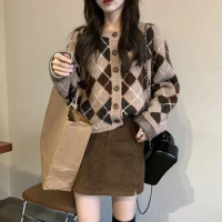 Students Argyle Cardigan Women Knitted Sweater Loose Single Breasted V-neck Lovely Knitwear Korean Oversize Cardigan Winter Tops