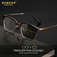 BLMUSA Men Vintage Reading Glasses Multifocal Titanium Frame Anti Blue Ray Glasses Progressive Photochromic Customized Glasses