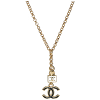 CHANEL 經典黑琺瑯雙C  LOGO 白方形琺瑯雙墬飾項鍊/頸鍊(金色）