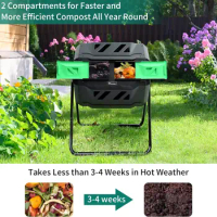 43 Gallon Large Dual Bin Composter Tumbling, Outdoor Rotating Compost Bin with 2 Sliding Weed Bags Doors and Aeration System