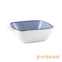【Just Home】日式藍紋十草陶瓷6吋雙耳方缽/方碗(藍色線條餐具)