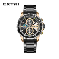 New Extri Stainless Steel Quartz Watch for Men Fashion Wristwatch Waterproof Luminous Chronograph Date Sport Timepiece Clock