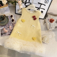 Girls Fleece Dress Set Winter 2024 New Vest Dress Yellow Thick Fashion Dress