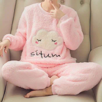 Winter Long Sleeve Thick Warm Flannel Pajama Sets For Women Coral Velvet Cute Cartoon Sleepwear Suit Pyjamas Homewear Clothes