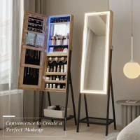 Vlsrka Mirror Jewelry Cabinet Standing with LED, Jewelry Mirror Full Length with Built-in Makeup Mirror &amp; Lights