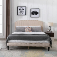 Beige Queen Size Bed with Headboard,Modern Linen Curved Upholstered Platform Bed,Solid Wood Frame,Nailhead Trim