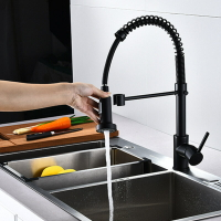 黑色拉絲抽拉式彈簧廚房花灑水龍頭洗菜盆冷熱水水槽龍頭