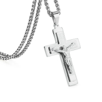 Stainless Steel Long Byzantine Chain Christian Crucifix Jesus Cross Pendants Necklaces for Men Relig
