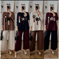 ￼Setelan Celana Wanita Long Tunik Bahan Knit
