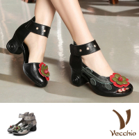 【Vecchio】真皮涼鞋 粗跟涼鞋/真皮頭層牛皮復古民族風立體大花朵造型繫帶粗跟涼鞋(3色任選)