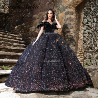 Shinning Off The Shoulder Black Sequin Luxury Quinceanera Dress 2024 Ball Gown Charro Mexican Dress vestido de 15 quinceañera