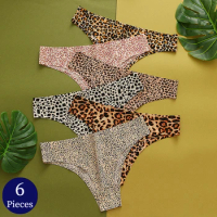 BZEL 6PCS/Set Women's Panties Fashion Leopard Bikini Sexy Thongs Seamless Underwear Silk Satin Lingerie Sports Fitness G-Strings