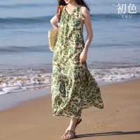 【初色】印花V領綁帶無袖A字裙連衣裙連身洋裝-綠色-34997(M-2XL可選)