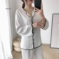 Autumn Women's Silk Pajama Suit 2 Pcs with Long Sleeve Pants Solid Turn Down Collar Sleepwear Pyjama for Female 2021