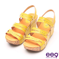 ee9 MIT經典手工鑲嵌亮鑽金屬鉚軟木紋楔形跟涼鞋 黃色