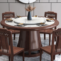 烏金木實木桌現代簡約帶轉盤巖板圓桌新中式大圓桌家用小戶型飯桌
