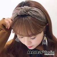 AnnaSofia 點細線格紋中央結 韓式寬髮箍(褐咖系)