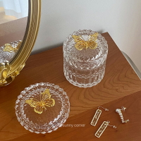 ins風高檔精致玻璃首飾盒 歐式復古金色蝴蝶帶蓋桌面飾品收納盒