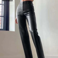 Riseleather.id Celana kulit wanita lurus Leather Pants straight stretchy Pencil Casual Elegan Vintag