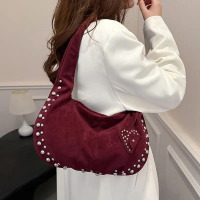 Popular Korean-style flannel bags, underarm bags for women, customizable studded design, shoulder ba