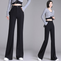FUXI 微喇褲 西裝褲 闊腿褲 女生長褲 黑色長褲 高腰修身顯瘦九分褲 垂感彈力拖地褲 黑褲子 寬褲