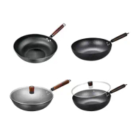 Wok Pan Pots Pans Wood Handle gas Cookware Uncoated Durable Nonstick wok Chinese Wok for Sautee Cooking Boiling