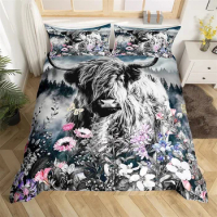 Highland Cow Duvet Cover King Queen Western Farm Animal Comforter Cover Microfiber Bull Cattle Flora