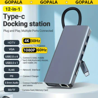 Gopala 12 in 1 Dual Monitor Type-C Hub Docking with HDTV 4K VGA 1080p 5 USB Port 100W PD Charger 100M Ethernet SD/TF Audio