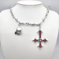 Red Bloody Skull Rose Inverted Cross Pendant Necklace Vintage Gothic Cross Pendant Necklace Devil Lucifer Satan Satanic Jewelry
