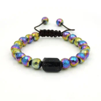 Black Tourmaline Point &amp; Titanium Colors Faceted Hematite Round Beads Hand-knitted Bracelet Centipede Knot