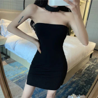 Women Black Dress Sleeveless Daily Ladies Summer Strapless Slim Sexy Fashion Simple Casual Chest Wrapping Bodycon Mini Dresses