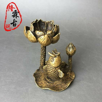 古玩純銅佛手倒流香觀音坐蓮花荷花香托黃銅香架子桌面意境銅擺件