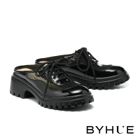 【BYHUE】質感中性調網布拼漆皮軟芯厚底穆勒拖鞋(黑)
