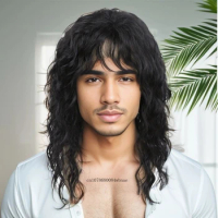 Synthetic Hair Long Wavy Curly Wigs for Men Male Black Fluffy 70s 80s Funny Wig Heat Resistant Halloween Daily Costume Party Use