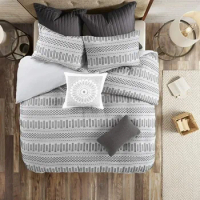 Cotton-Bedding Set Trendy Geometric Design, All Season Cozy-Cover With Matching-Shams,King/Cal King, Jacquard Grey/Black
