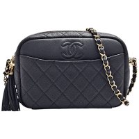CHANEL 經典小香LOGO菱格荔枝紋牛皮金鍊流蘇拉鍊斜背相機包(小-黑色)