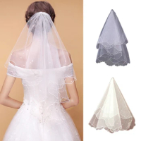 1 Tier Pearl Beaded Wedding Dress Veil Single Layer Tulle Ribbon Bridal Veils Women Hair Accessories 1.5 Meters