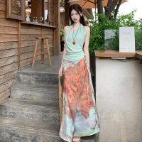Island vacation style women's summer outfit: tank top, vintage tie-dye long skirt two piece outfit C