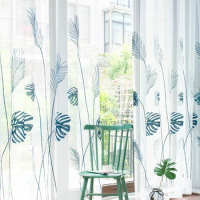 1pc Thin Embroidery Sheer Curtain with Plantain Leaf Pattern，Pastoral Style Window Gauze Curtain，Rod Pocket，for the Various Room