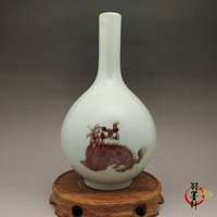 清康熙釉里紅膽瓶花瓶 手繪獅子 古玩古董陶瓷器仿古老貨收藏擺件
