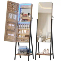 Standing LED Jewelry Mirror Cabinet Organizer with Lockable Storage Drawers and Acrylic Lights