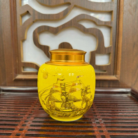 Hũ đựng trà men các cảnh vàng kim 24k men màu vàng - 150g - gốm sứ bát tràng Minh Hiếu