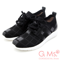 G.Ms. MIT極輕量-格紋牛皮綁帶記憶鞋墊休閒鞋-黑色