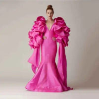 SoDigne Hot Pink Prom Gowns High Low Puffy Fluffy Sleeves Formal Party Gowns Evening Dress Women Prom Dress